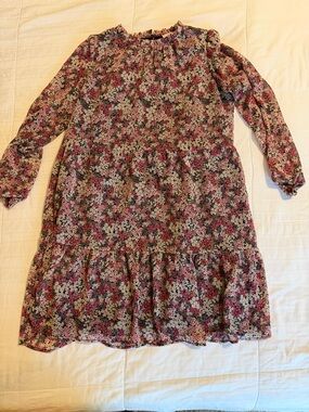 LOFT Pink and Black Floral Ruffle Neck dress